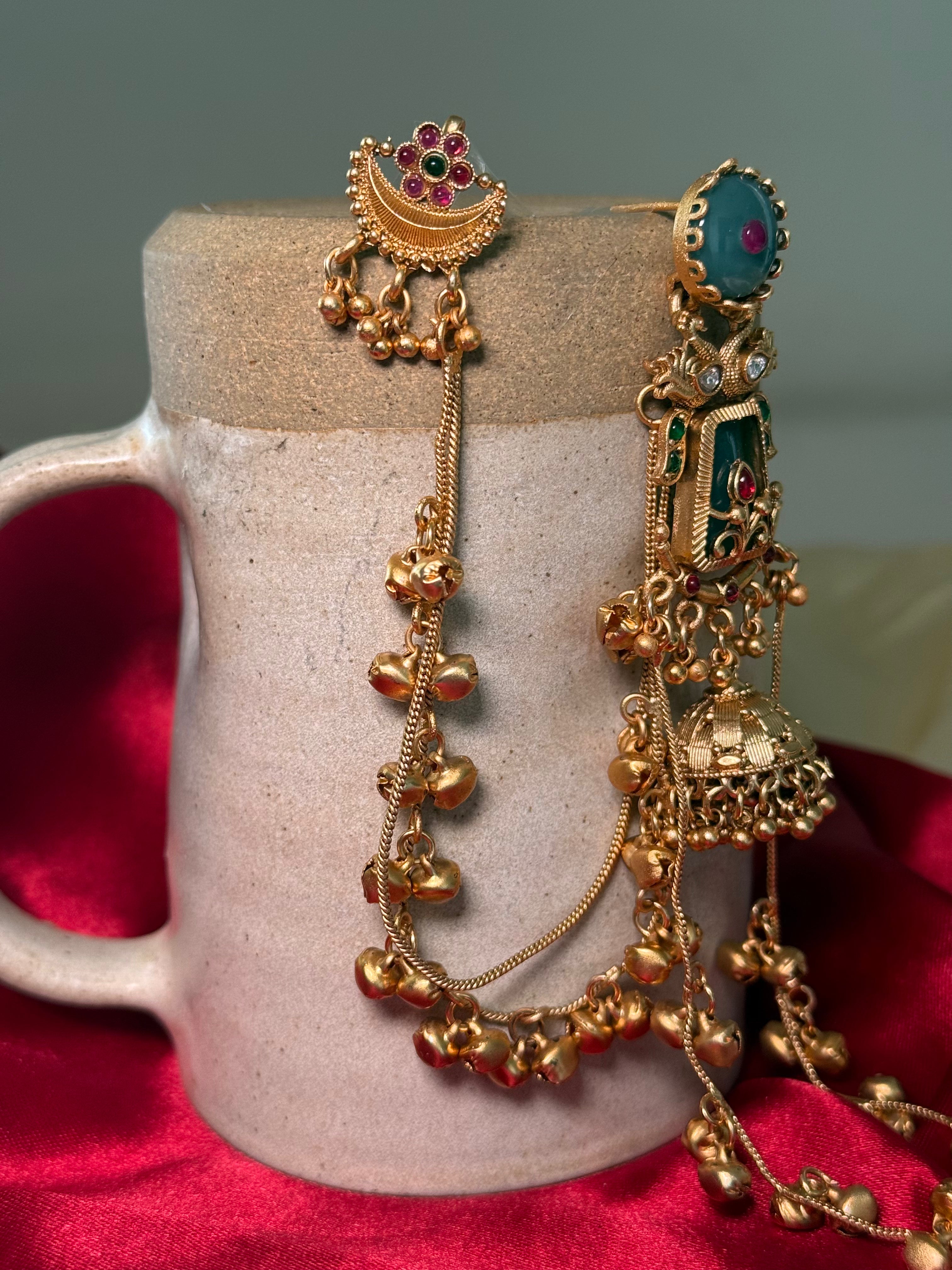 Navaratna Mayura Kaan Chain Jhumka